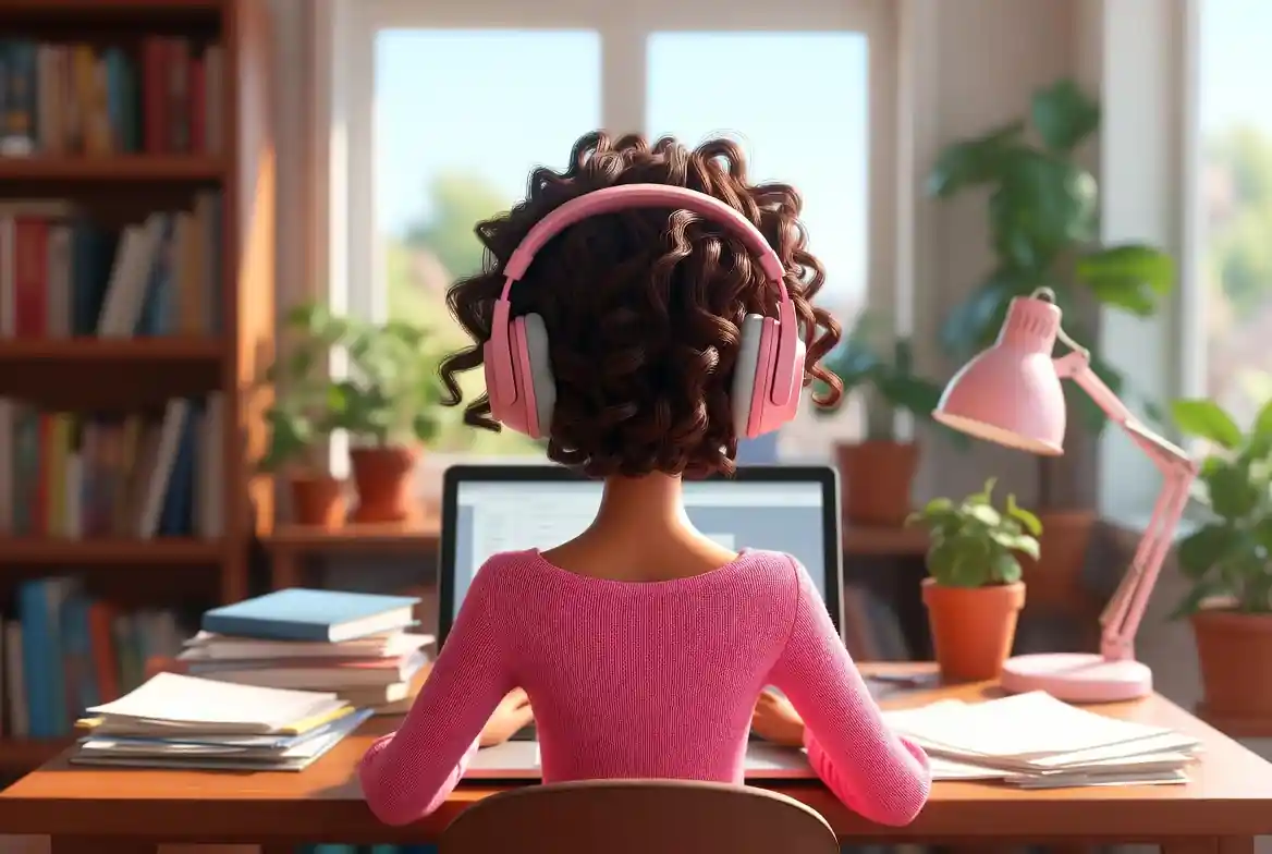 A person working quietly at a desk with headphones on, no video call in sight
